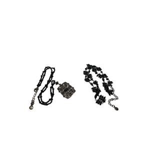 Vintage Lauren Conrad Glass Beads Black  Necklace Gunmetal Pendant Signed Set 2